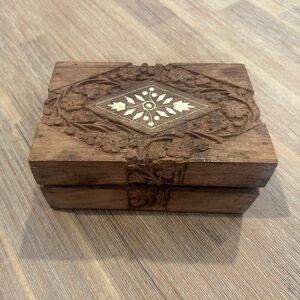 Vintage Hand-Carved Wooden Decorative Box in Brown